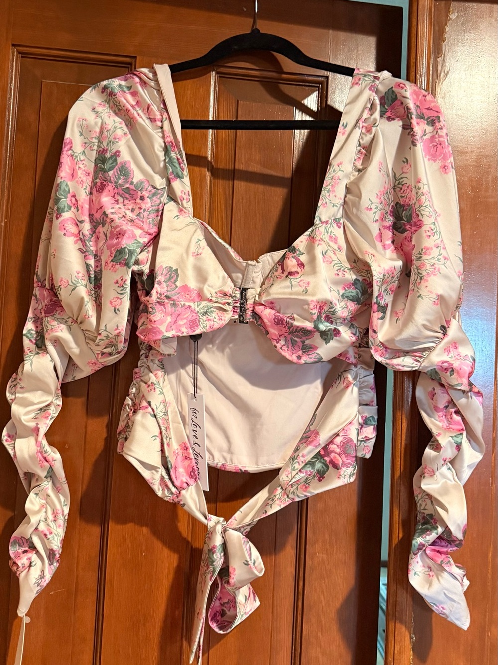 For Love And Lemons Cream Floral Tie-Front Puff-Sleeve Crop Top